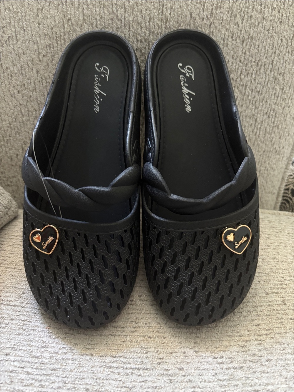 Black Women's Slip-On Mules with Heart Accent.